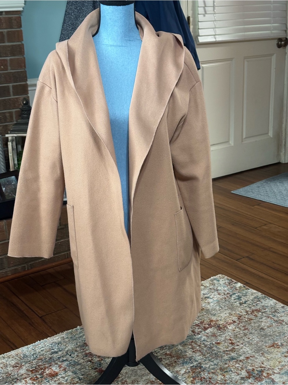 Women's Camel Open-Front Hooded Coat